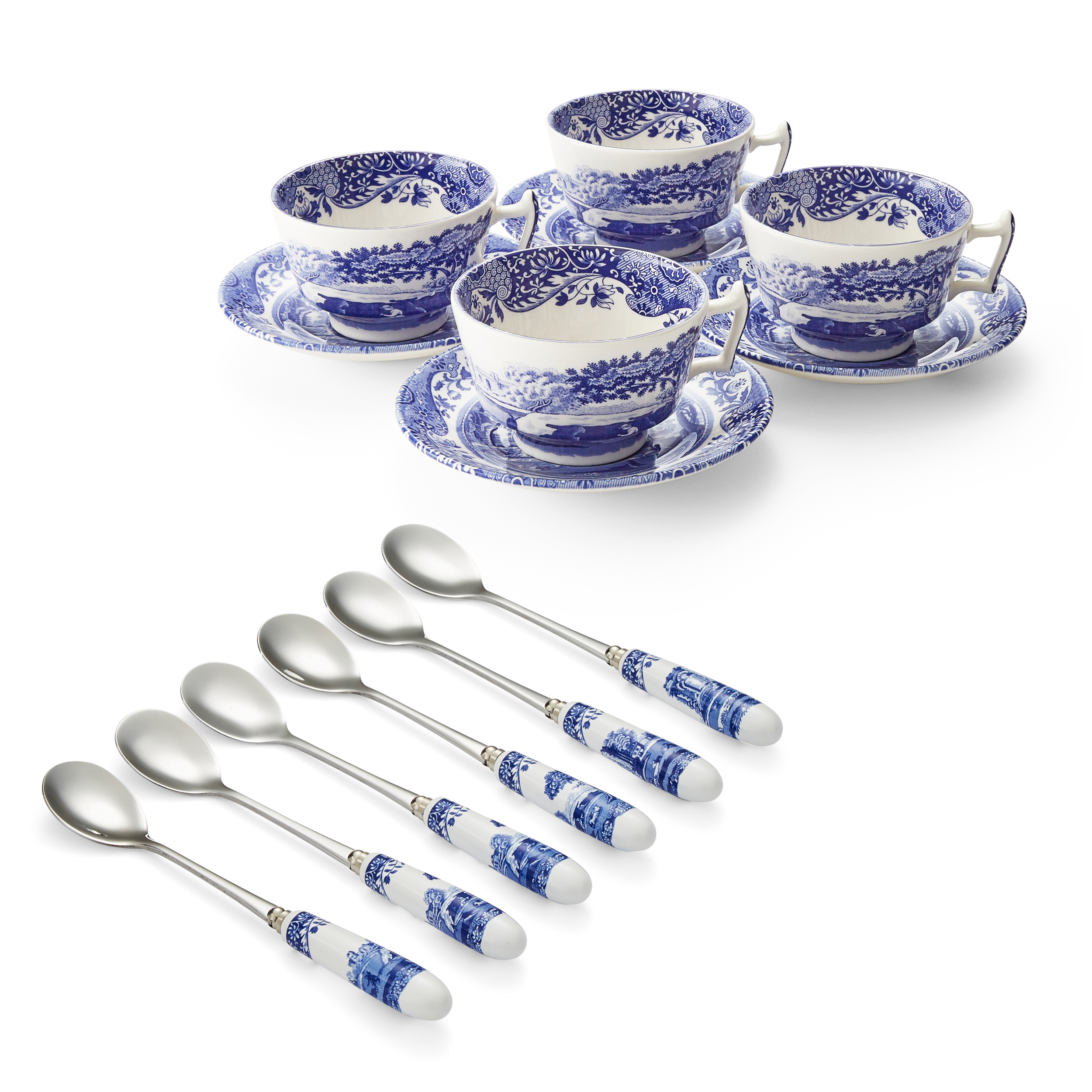 Blue Italian Set of 4 Teacup and Saucer + Free Teaspoon Set image number null